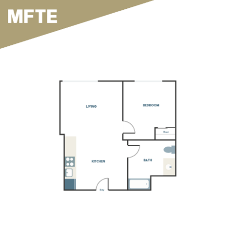 A floor plan of a living space with a kitchen, bathroom, and bedroom.